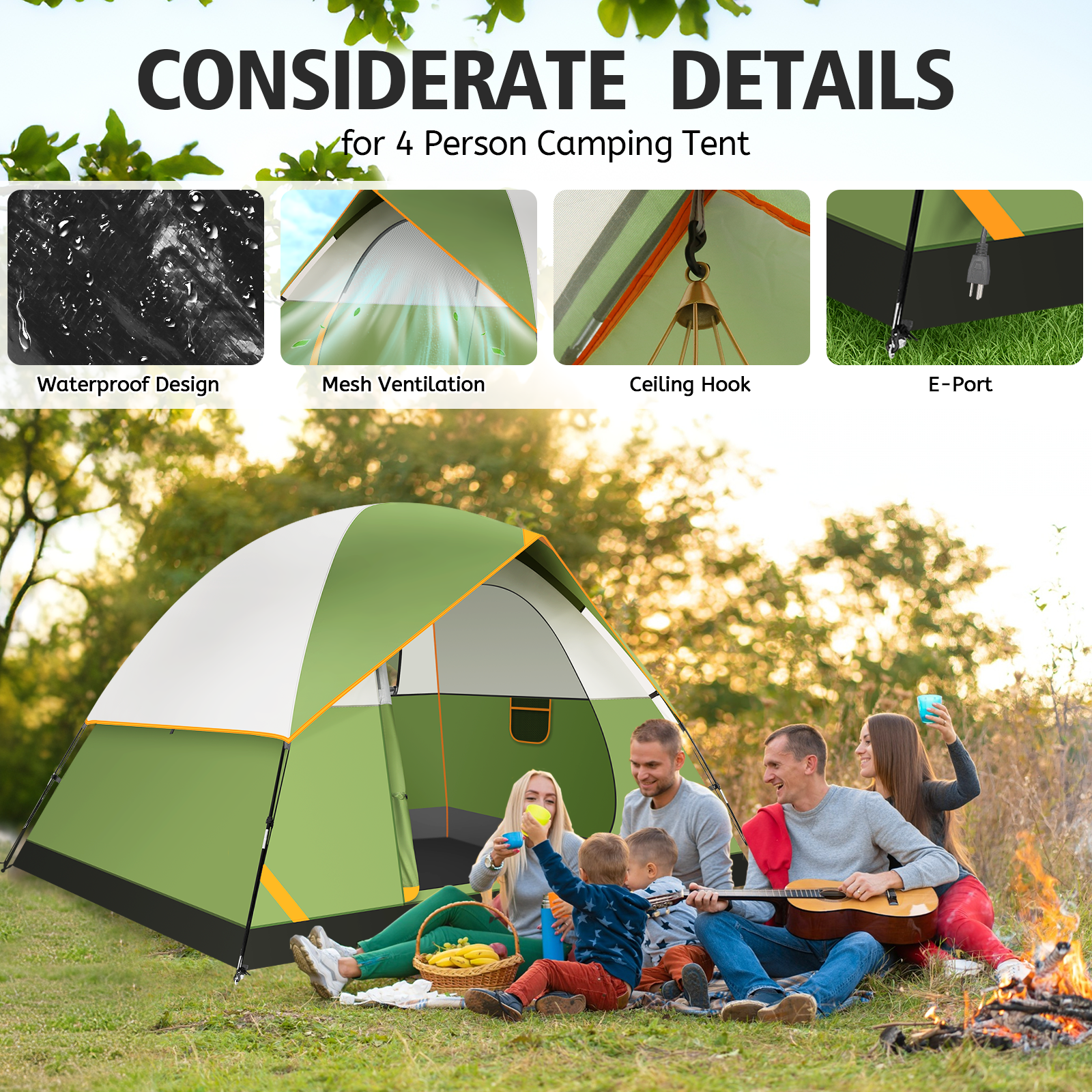 SANOPY Tent 4 Person Tent Easy Setup Camping Tent with Waterproof Rainfly, Windproof Design & Mesh Ventilation for Family, Hiking, Beach, and Travel