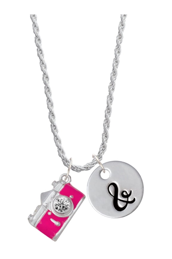 Silvertone Pink Camera Silvertone Script Initial Disc - & - Charm Necklace, 20"+3"