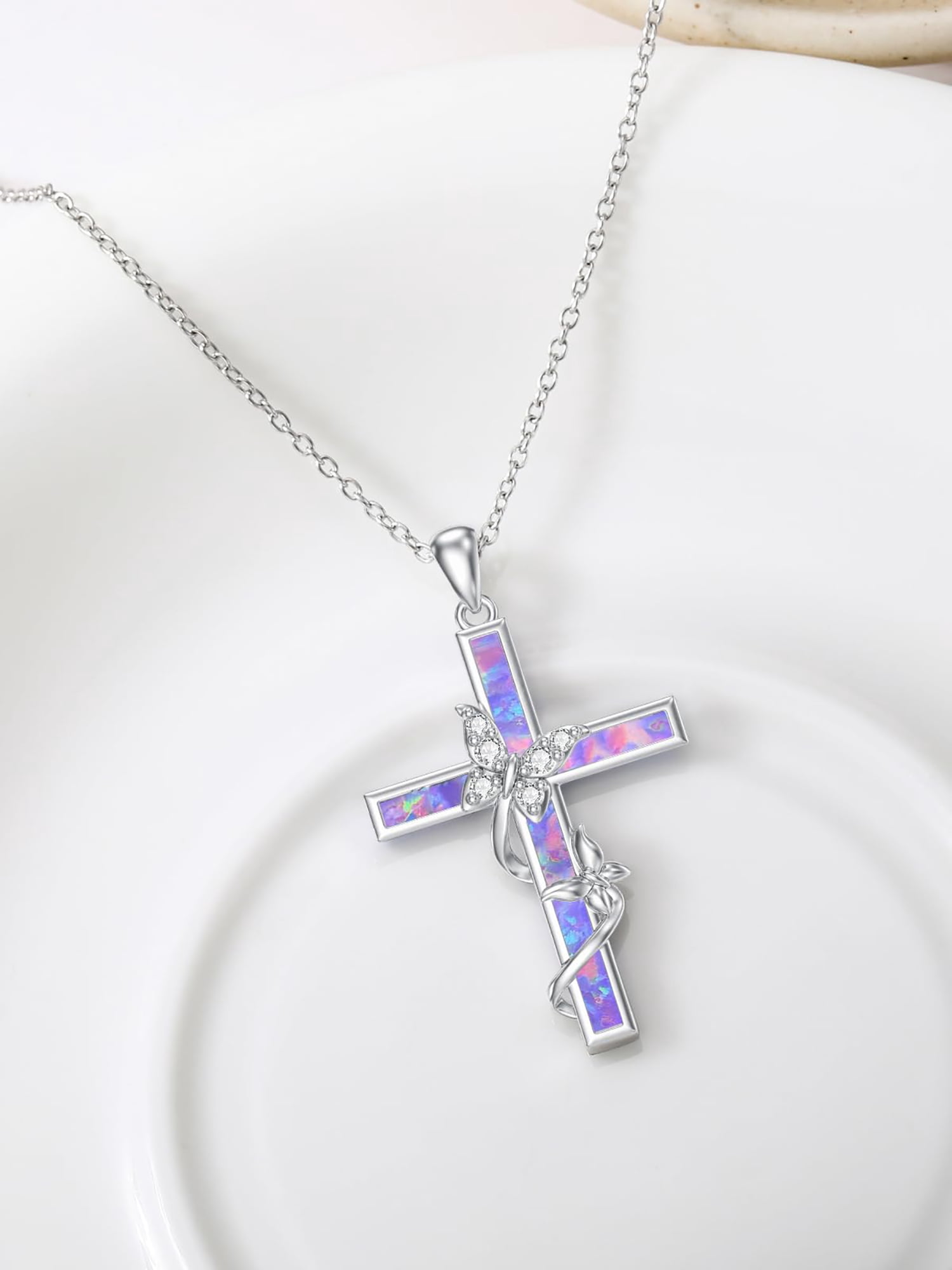 WINNICACA Cross Necklace for Women 925 Sterling Silver Butterfly Pendant Necklace Purple Opal Jewelry  Birthday Anniversary Mothers Day Gifts for Women