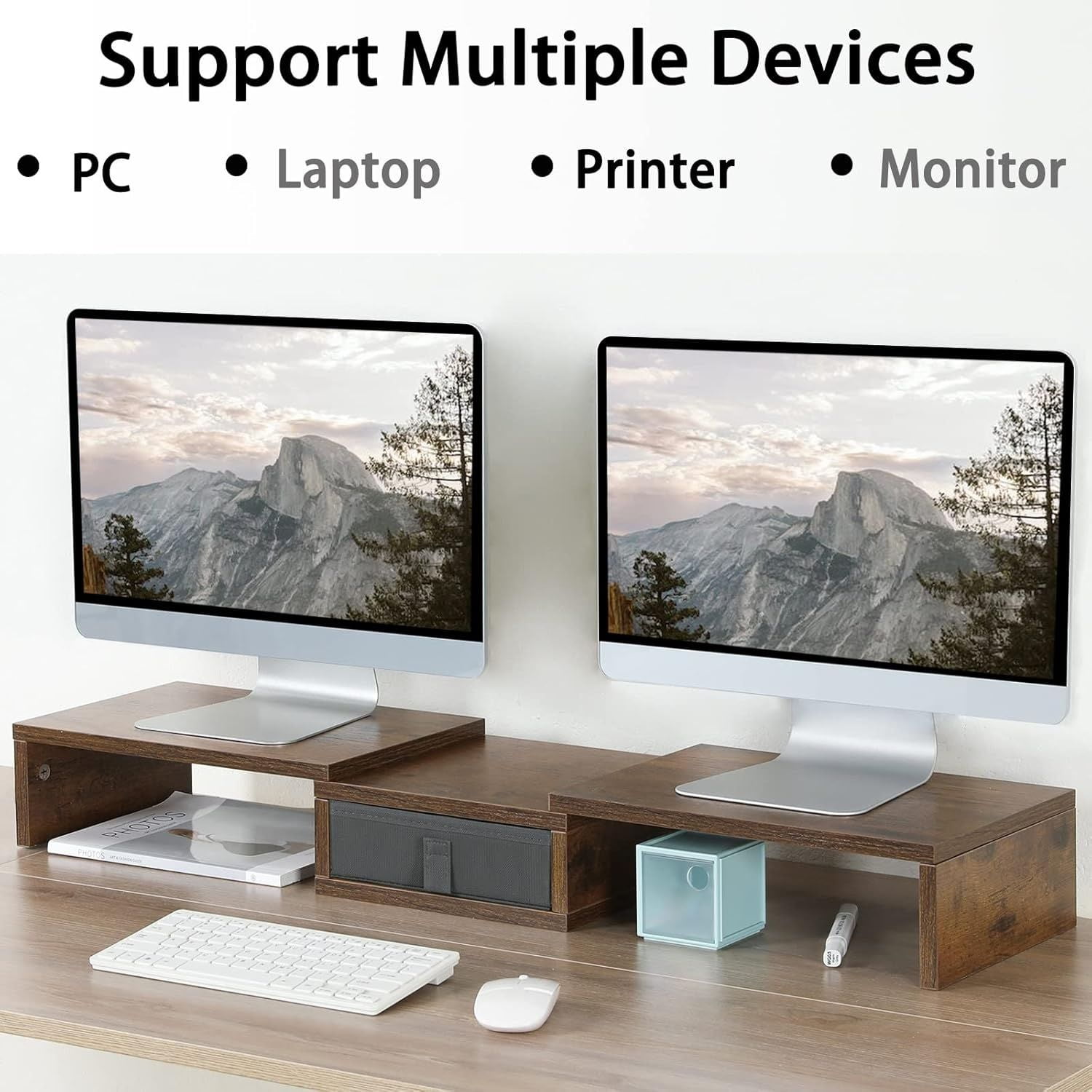 3 Shelf Monitor Stand Riser With Drawer - Length and Angle Adjustable Dual Riser With Storage Corner Desk Shelf Organizer Large Computer Stand for 2 Monitors/Laptop (Brown, 1 Drawer)