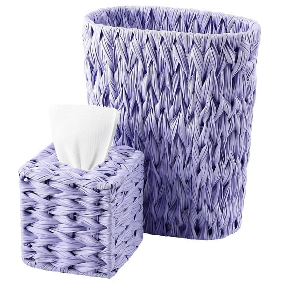 Wicker Trash Can & Square Tissue Box, Handwoven Waterproof Waste Basket with Handles, Wicker Home Set for Bedroom, Bathroom, Kitchen, Office, Balcony (Light Purple)