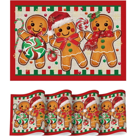 Gingerbread Candy Cane Christmas Vinyl Placemats Set of 4, 12x18 Inch Wipeable Winter PVC Woven Table Mats for Party Kitchen Dining Decor