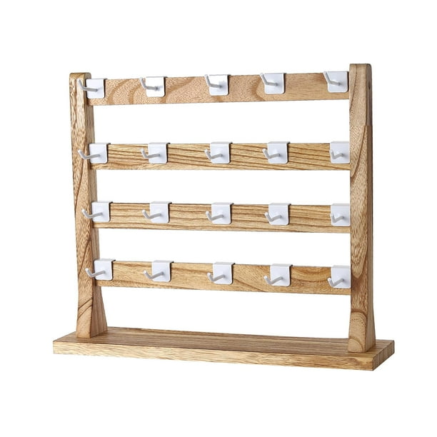 Expositor de joyas de madera con ganchos metálicos extraíbles, tarjetero para pendientes y collares. 4 niveles