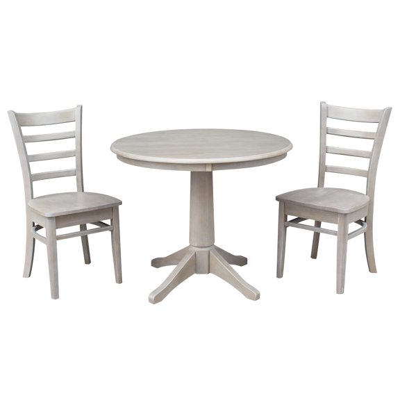 Wood 36" Round Dining Table and 2 Emily Chairs in Washed Gray Taupe - Set of 3