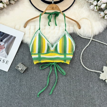 Vocation Beach Tank Top for Women with Built in Bra Rainbow Striped Backless Camisole Hook Flower Hollow Camis Summer Dropship