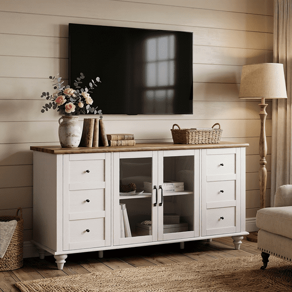 Off White Glass Door TV Stand for TVs up to 65", Farmhouse Television Stands for Living Room