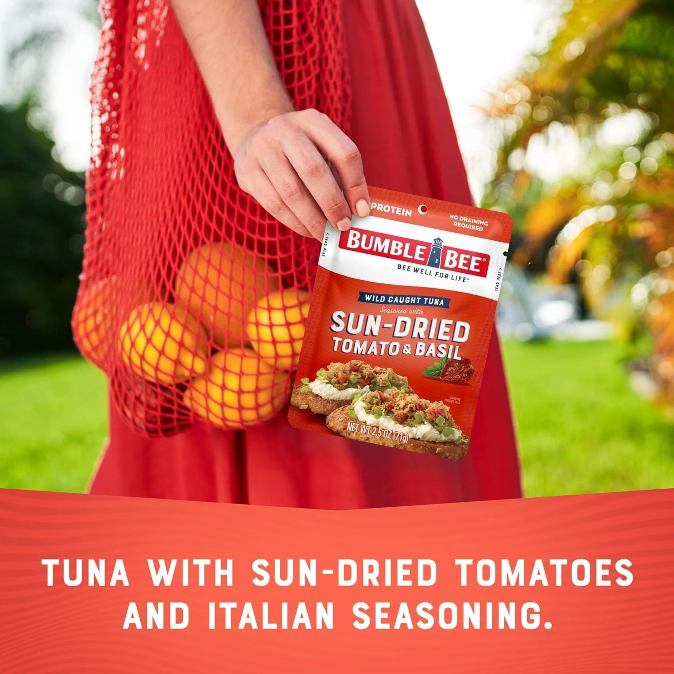 (3 pack) Bumble Bee Sun-Dried Tomato & Basil Seasoned Light Tuna, Wild Caught, Gluten Free, 15g Protein per Serving, Ready to Eat, Shelf Stable Pouch, 2.5 oz