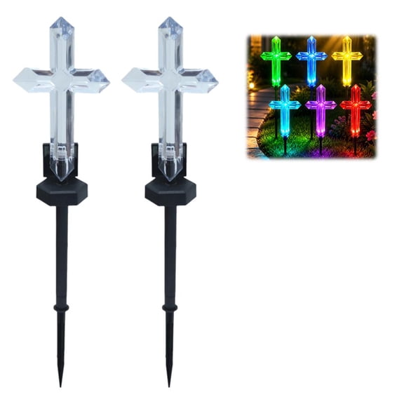 Solar Cross Stake Lights 2 Pack, Glass Garden Pathway Lights with Warm White or Multicolor LED, Waterproof Outdoor Lawn Decor for Yard, Flower Bed, Cemetery