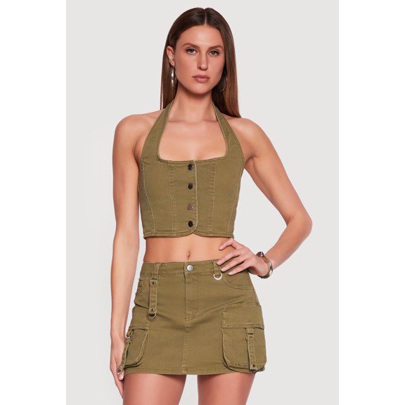 Women's Denim Button Front Cropped Halter Blazer Vest