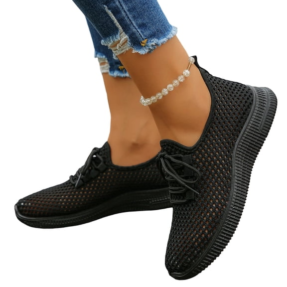 Women's Knit Mesh Slip On Tennis Sneakers Lace Up Breathable Lightweight Non-Slip Soft Soled Chunky Casual Fashion Running Shoes Classic Tennis Trainers Loafers for Gym Sports Outdoor, 36