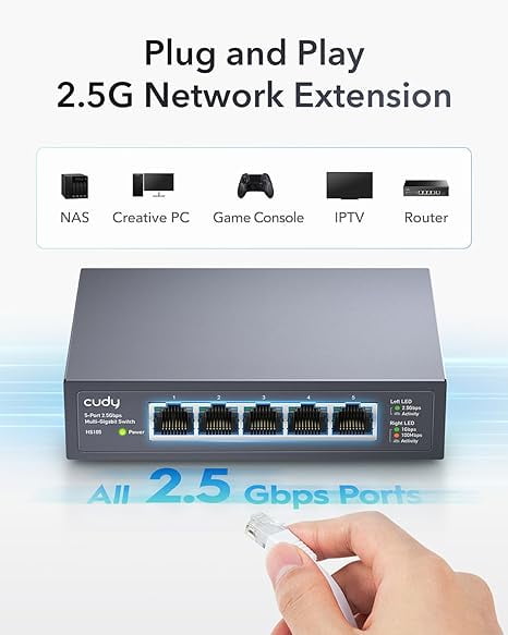 Cudy 5-Port Multi-Gigabit Ethernet Switch, Full 2.5Gbps Ports, Loop Detection, 802.3az Energy Saving, Desktop or Wall Mount, Fanless Design, HS105