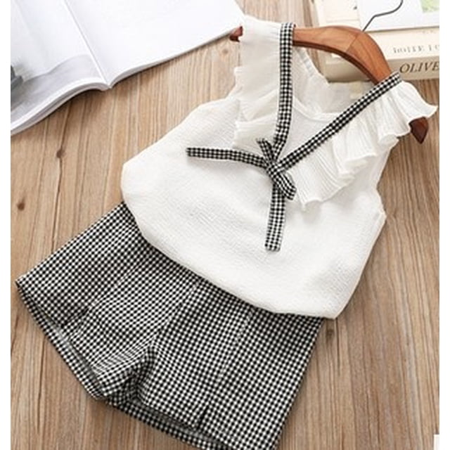 Summer Cute Infant Kids Baby Girls Clothes Chiffon Sleeveless Ruffles Vest Tops+Plaid Print Shorts