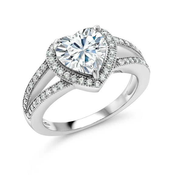 Gem Stone King 925 Sterling Silver White Moissanite Heart Ring for Women | 1.53 Cttw | Heart Shape 6.5MM (Size 9)