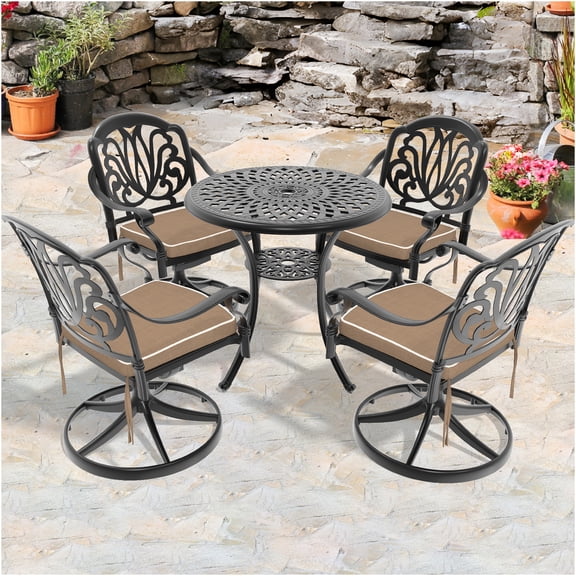JERFIT 5-Piece Outdoor Patio Dining Set with Swivel Chairs, All-Weather Cast Aluminum Table and Chairs for Garden, Backyard, Black