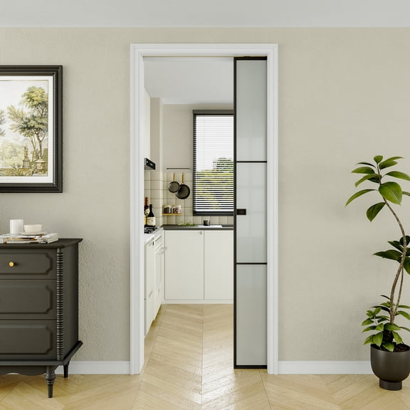 24" x 80" Interior Sliding Door 3-Lite Frosted Glass Aluminun Packet Door Black Finished With Aluminun Jamb And Knob