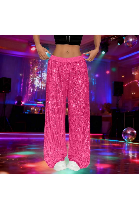 Shiny Sequin Stretch Pants Women Sparkly High Waist Elastic Plus Size Wide Leg Pants Hot Pink XL