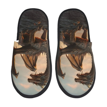 Balery Sky Sunset Bronze Dragon Slient Indoor Furry Fleece Comfort House Shoes Soft Non-Slip Home Shoes Cotton slippers House Slippers-- Large