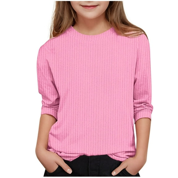 LJEFF Girl 3/4 Sleeve T-Shirt, Ribbed Spring Solid Color Crew Neck Casual Tops for Girls Pink Size 4