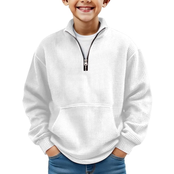 Hudaneo Boys Long Sleeve Pullover Quarter Zip Waffle Knit Sweater Tops, 3-14 Years