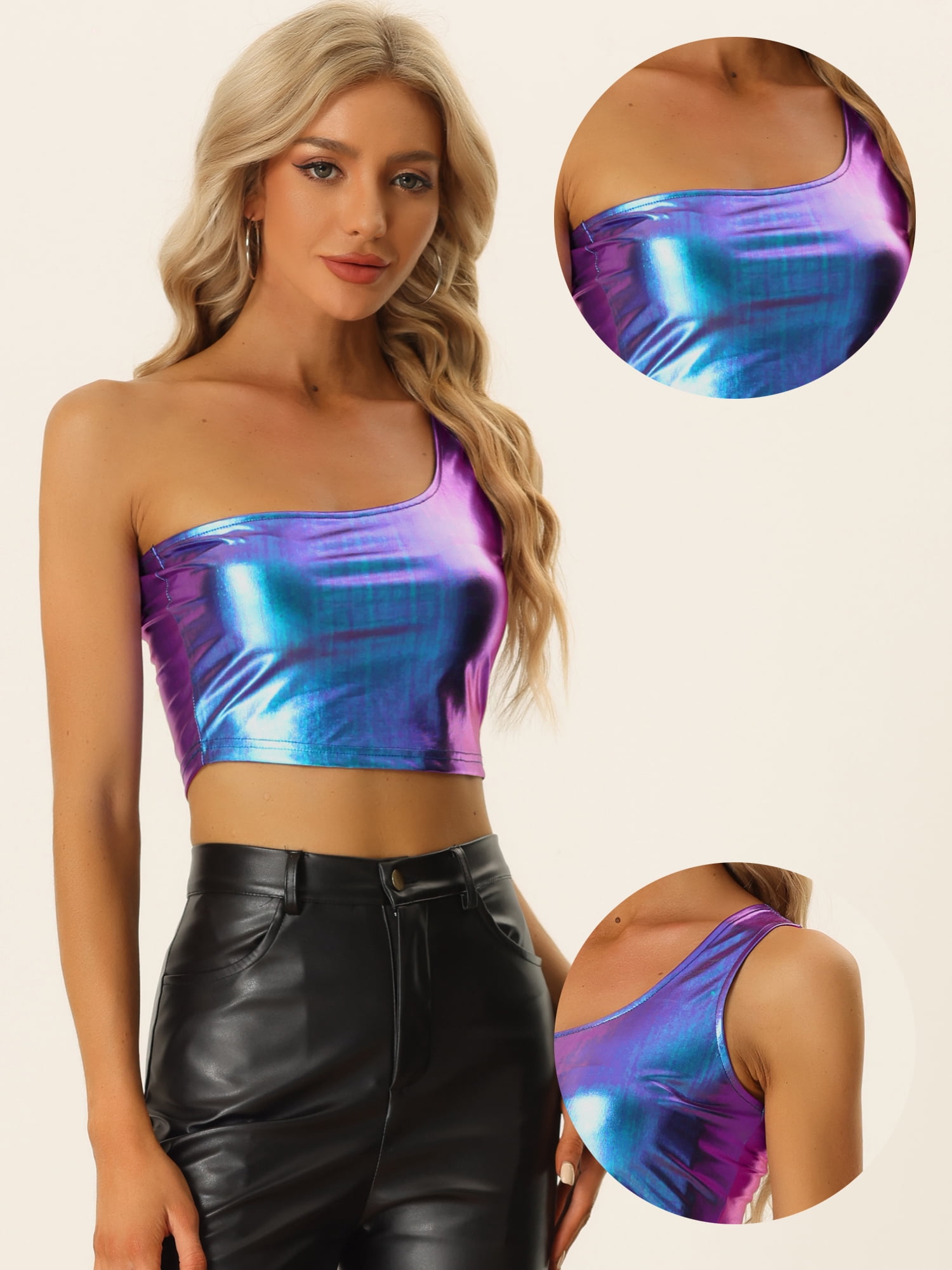 DARING DIVA Women's Metallic Cropped Top One Shoulder Blouse M Blue Purple