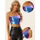 thumbnail image 3 of Top corto metalizado Allegra K blusa de fiesta un hombro mujer Azul púrpura M, 3 of 6