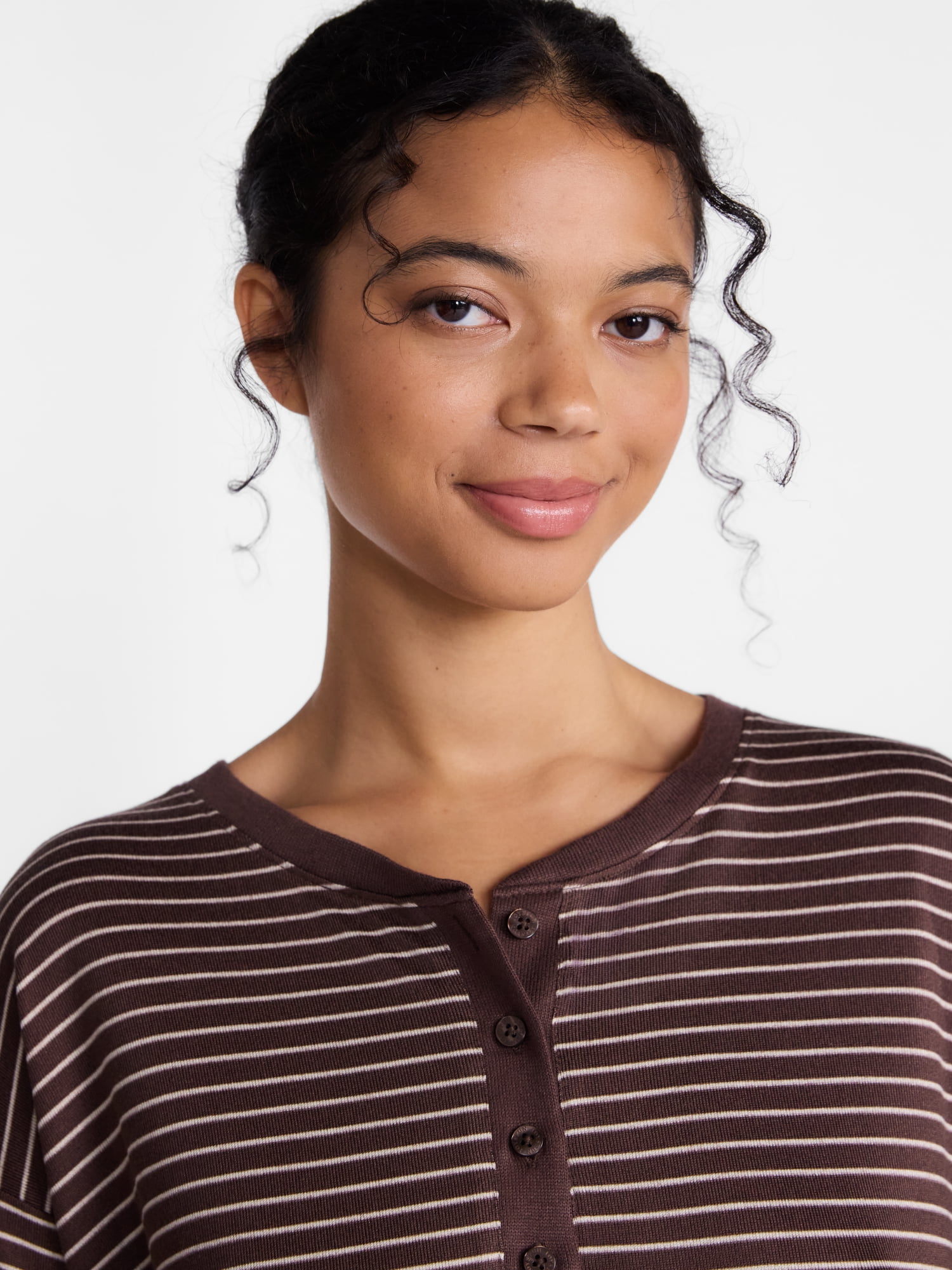 Joyspun Women's Cozy Lounge Collection Hacci Long Sleeve Henley Sleep Top, Sizes XS to 3X