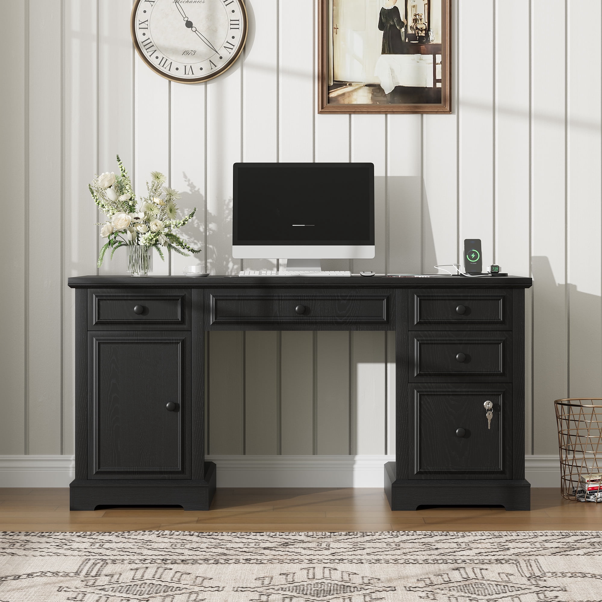 60" Farmhouse Executive Desk with File Drawer, Storage Cabinet, Wood Home Office Desk , Rustic Computer Writing Desk for Home, Study, Work, Writing