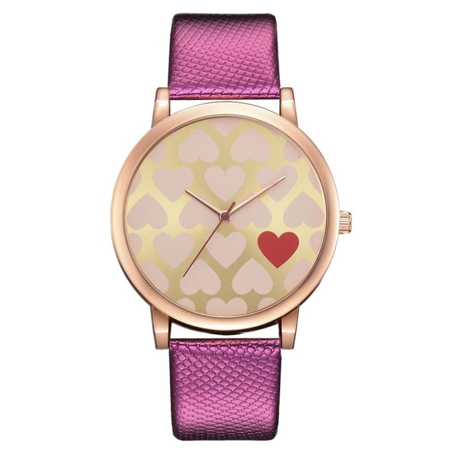 Reloj de cuarzo de cuero PU con esfera redonda y corazón amoroso informal a la moda para mujer, color rojo rosa