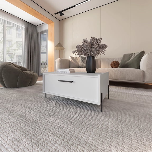 Coffee Table, Modern White Particle Board Rectangular Table with Flip-Down Door Storage, Scratch-Resistant Melamine Finish, 33.1"W x 22.4"D x 15.6"H for Living Room Primary Space