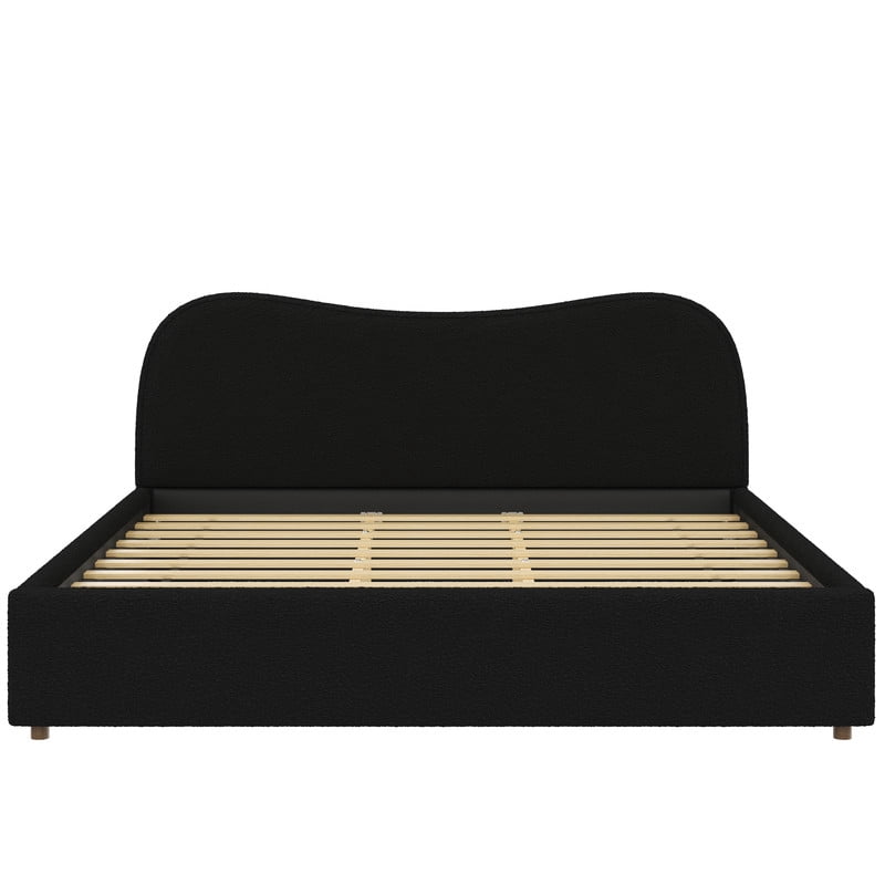 King Size Boucle Upholstered Platform Bed with Wooden Slats, Short Legs Low-Profile Bed Frame with Curved Headboard