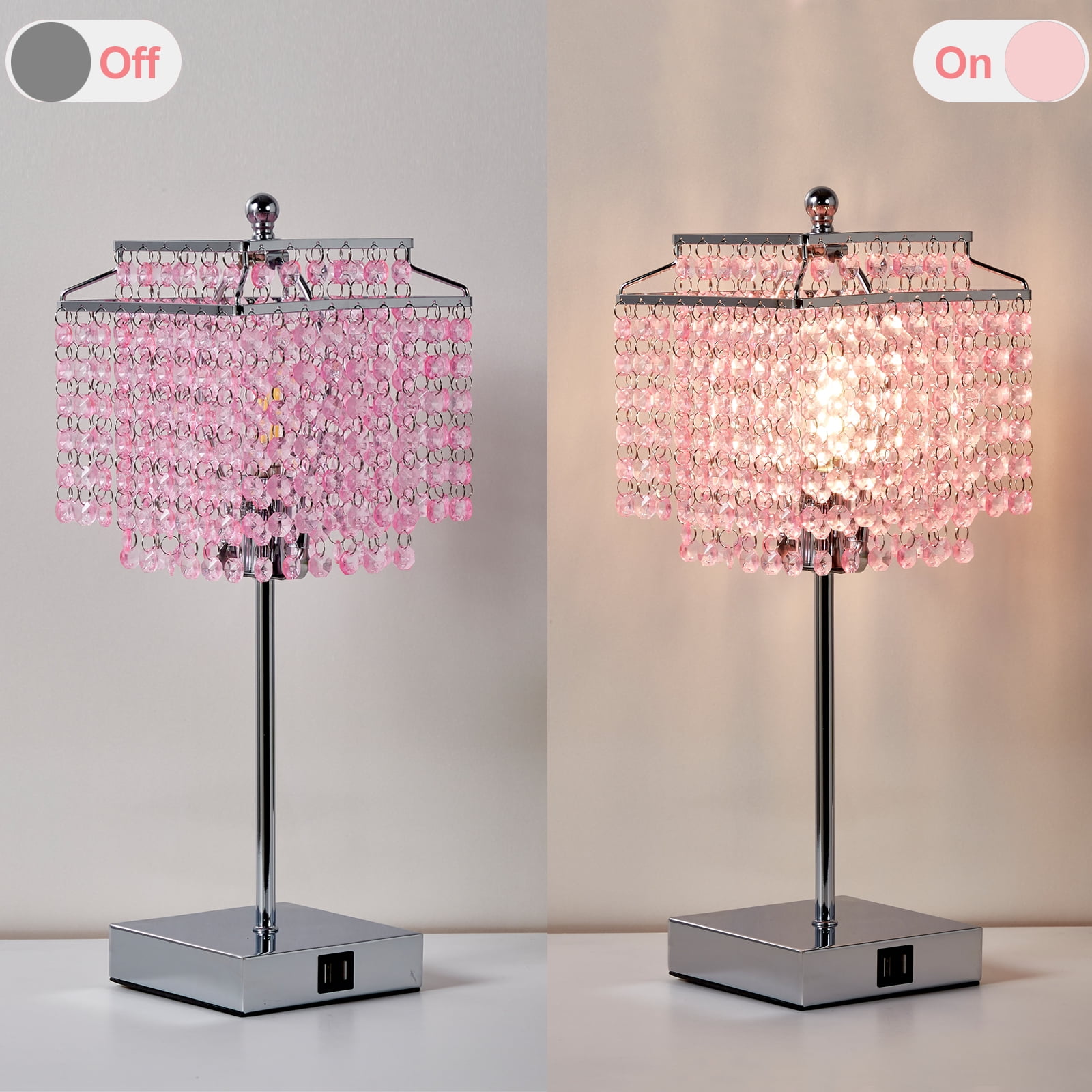 NATYSWAN Crystal Touch Table Lamp, Pink Bedside Lamp with USB C+A Ports, 3-Way Dimmable Lamp with Crystal Shade, Nightstand Lamp for Girl Bedroom, Living Room, Bulb Included