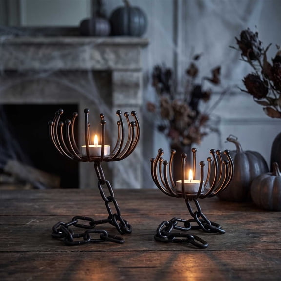 Halloween Candle Holders Set of 2 Black Metal Gothic Candlestand, Arachnid Web Style with Curved Branch Details, Tabletop Centerpiece for Ghost House Party Home Decor Display