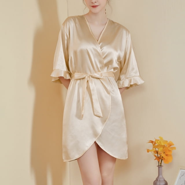 Batas para mujer, con mangas de hojas, estilo corto, sensación fresca, con cinturón, para usar en casa, camisón, batas para mujer