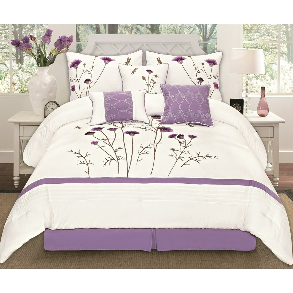 Golden Linens Off White Lavender Purple 7 Pcs Embroidery Comforter Set