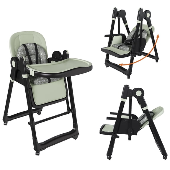 2-in-1 Convertible High Chair Baby Rocker, Foldable Infant Feeding Chair with 5-Point Harness, Lockable Silent Wheels & Detachable 2-Tier Tray for 6 Months–3 Years