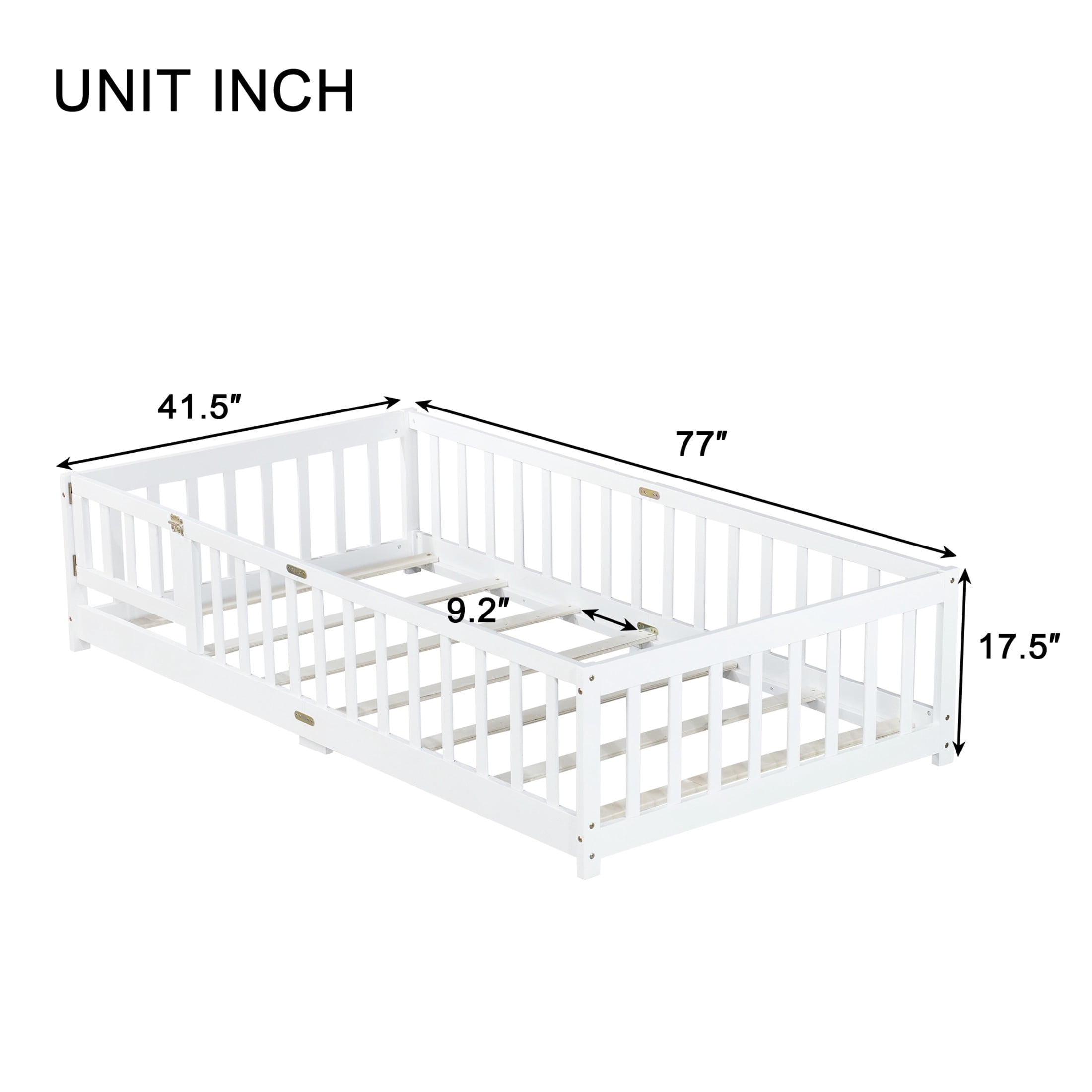 Noble House Twin Floor Bed with Safety Guardrails and Door, Rubber Wood Montessori Bed, Kid's Room, White