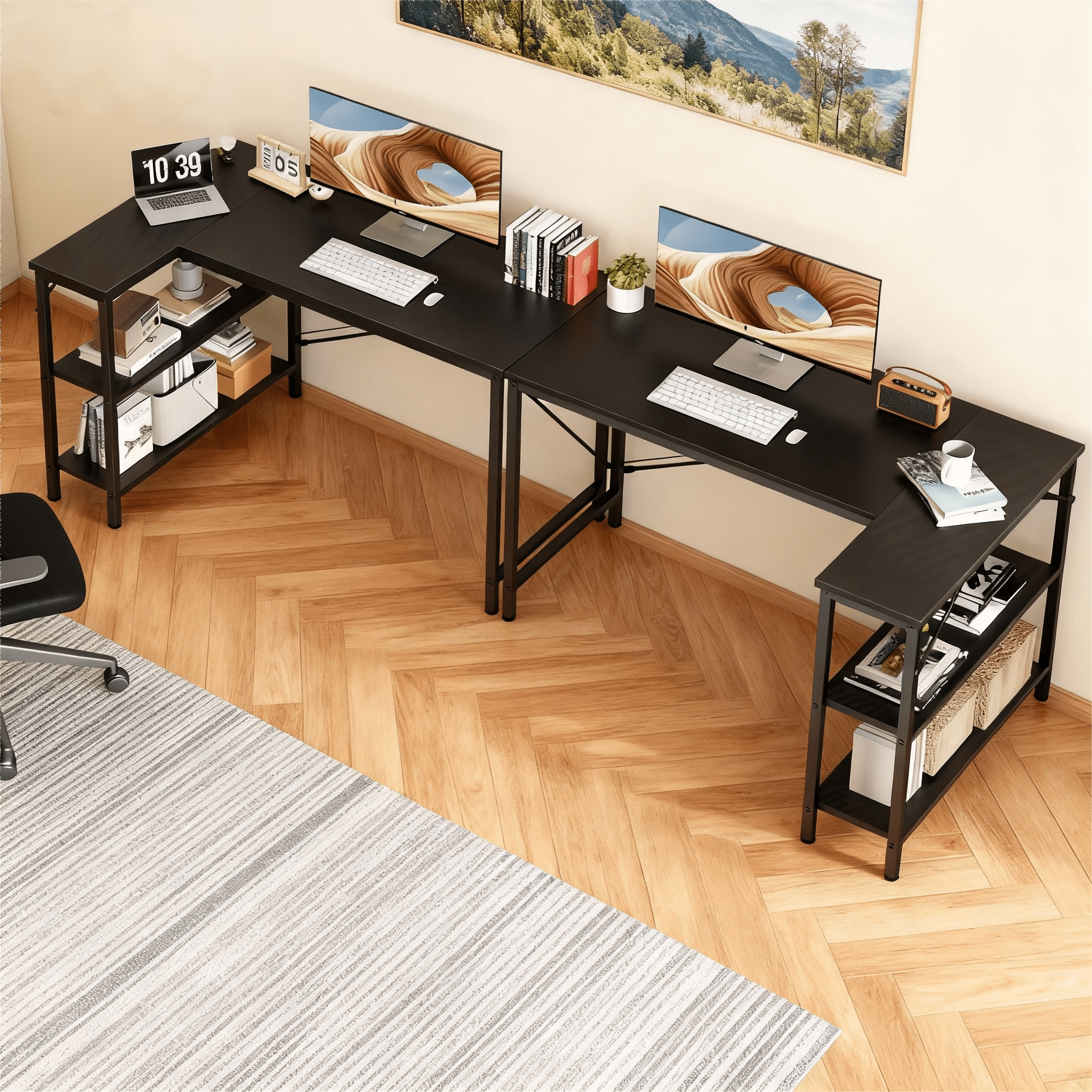 CONCETTA 47” L Shaped Computer Desk with Reversible Storage Shelves, Corner Gaming Desk with PC Stand, Home Office Writing Study Table, Brown