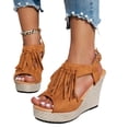 thumbnail image 5 of Women Shoes Women's Wedge Platform Sandals Summer Boho Open Toe Tassel Sandals for Women Wide Width Large Sizes Soft Suede Adjustable Ankle Buckle Non Slip Lug Sole Comfort Walking Womens Heels, 5 of 10