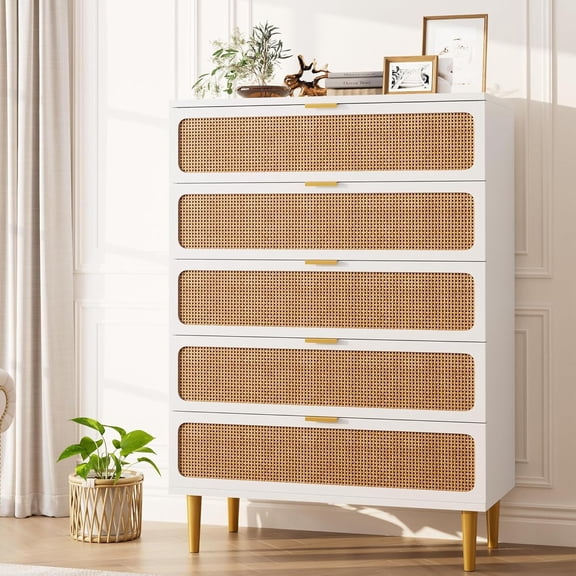 Rattan Dresser with 5 Drawers, Tall Modern Closet with Deep Storage, Large Chest of Drawers with Wide Top, Long Wooden Dresser for Bedroom, Living Room, Hallway, Kids Room, White
