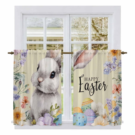 Happy Easter Kitchen Curtains 45 Inch Length, Spring Grey Bunny Colorful Eggs Flower Brown Tiers Curtains for Bathroom Bedroom Cafe, Light Filtering Small Window Treatment Drapes 2 Panels 42"Wx45"L