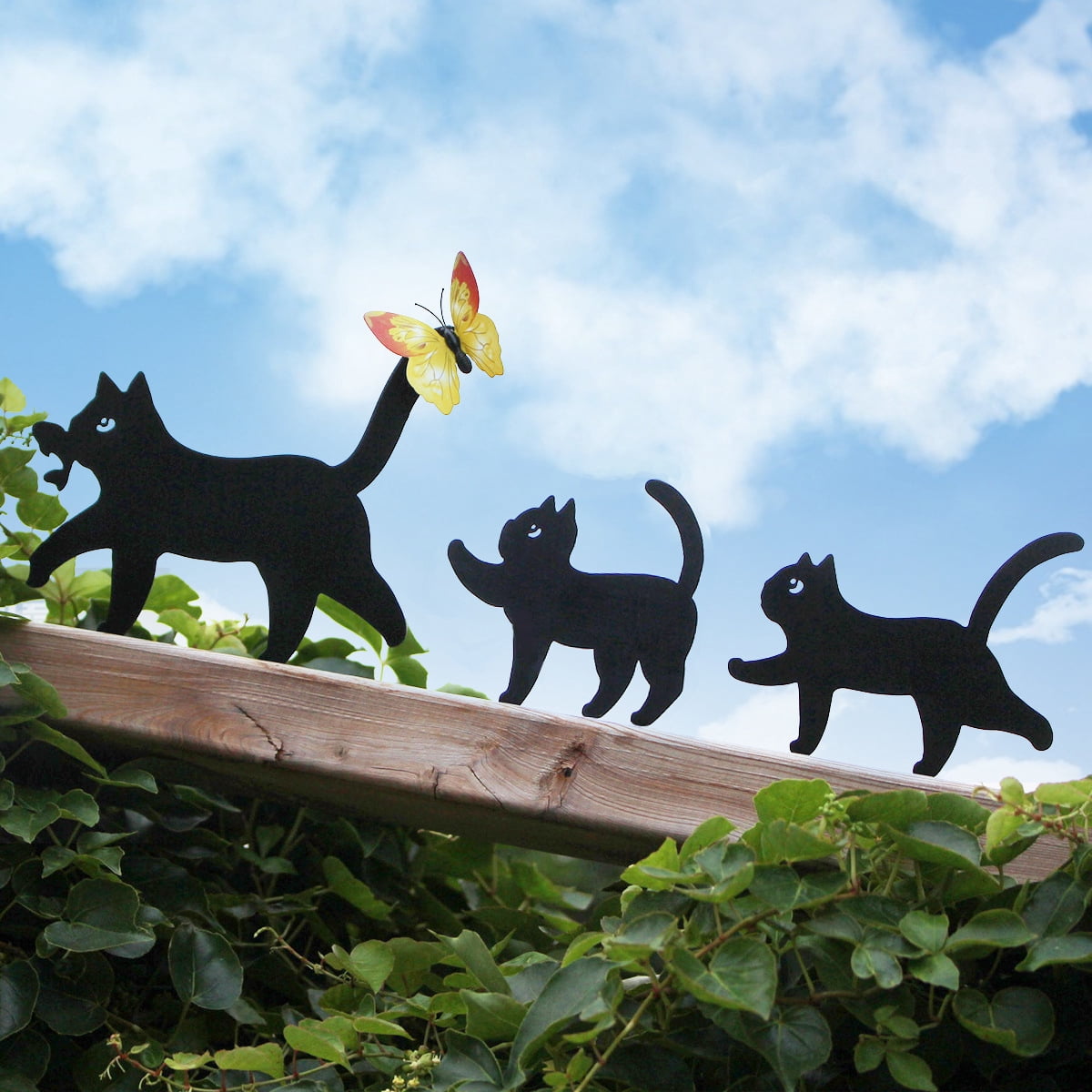 Black Cat Mother - and - Son Garden Stakes Set - Outdoor Cat Silhouette Yard Art & Lawn Fence Decor