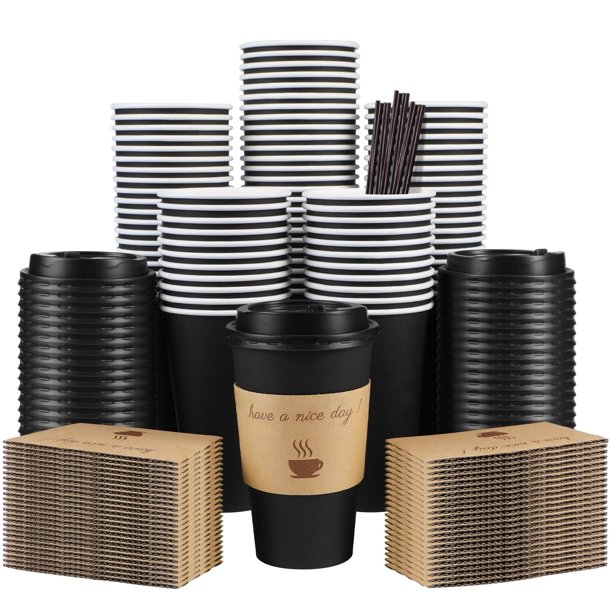 Tazas de café Clawsoff, paquete de 100 unidades, con tapas, fundas y pajitas