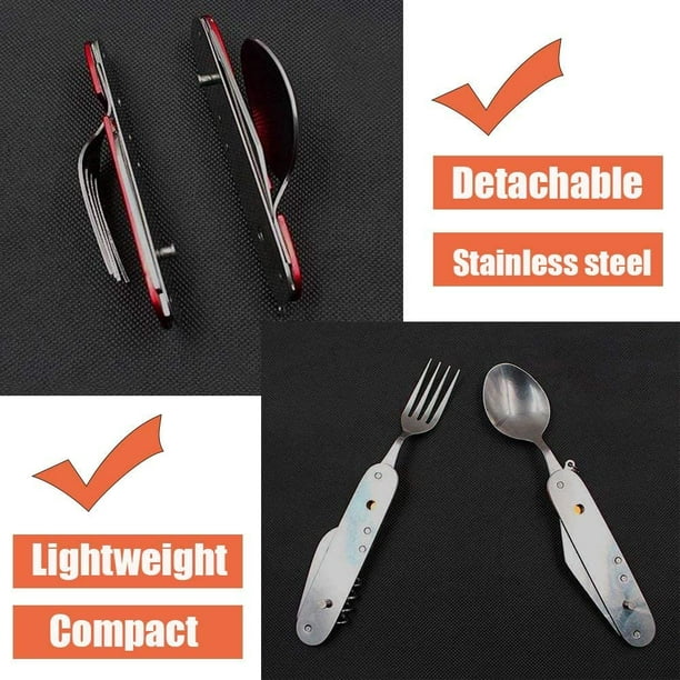Cubiertos Plegables Camping 4 En 1 - Acero Inoxidable, Incluye Cuchillo, Tenedor, Cuchara Y Abrebotellas