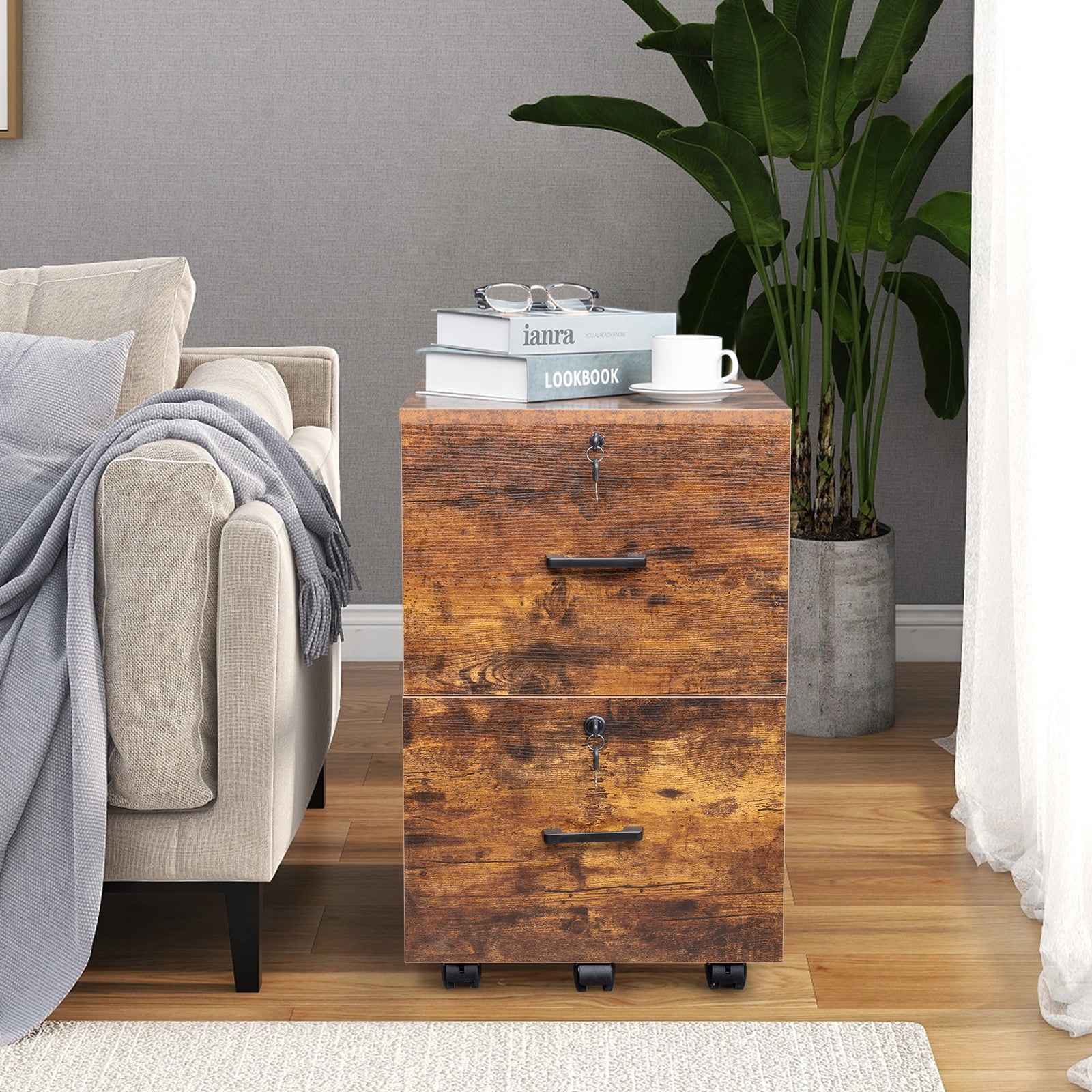 2-Drawer File Cabinet, Mobile Under Desk Storage Cabinet with Lockable Casters, Full Extension Drawer Slides, P2 Wood Office Filing Cabinet for Home Office Kitchen