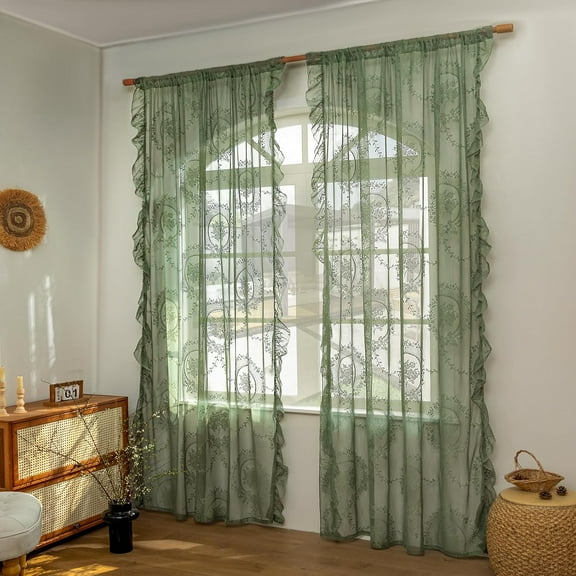 XUELC Sage Green Lace Sheer Curtains Long Boho Floral Embroidery Curtains 2 Panel Set Rod Pocket Light Filtering Sheers for Bedroom/Living Room