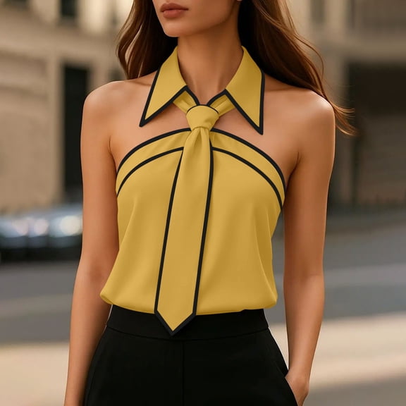 BSDJILFG Halter Tank Tops for Women Tie Front Y2K Juniors Dress Shirts Off the Shoulder Color Block Tube Top with Collar