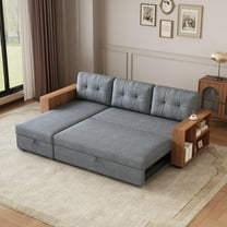 84" Sectional Sleeper Sofa with Storage Chaise, L Shaped Pull Out Sectional Couch Bed with Wooden Armrests and 3 Removable Back Cushion for Living Room,Apartment,Office,Light Grey