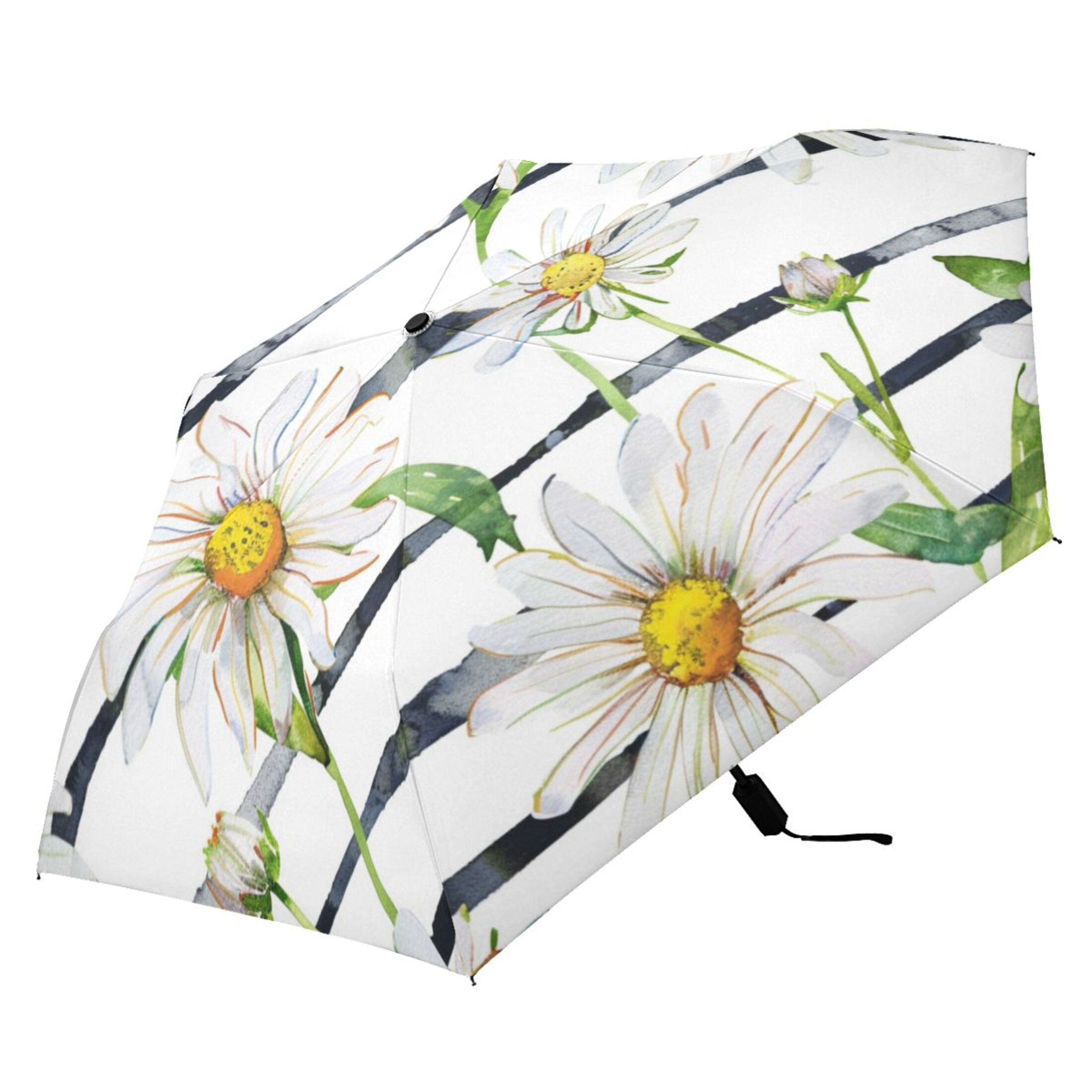Daisy Flower on Black White Stripes Compact Sun Umbrella Windproof Travel Umbrellas for Rain Strong Portable UV Protection