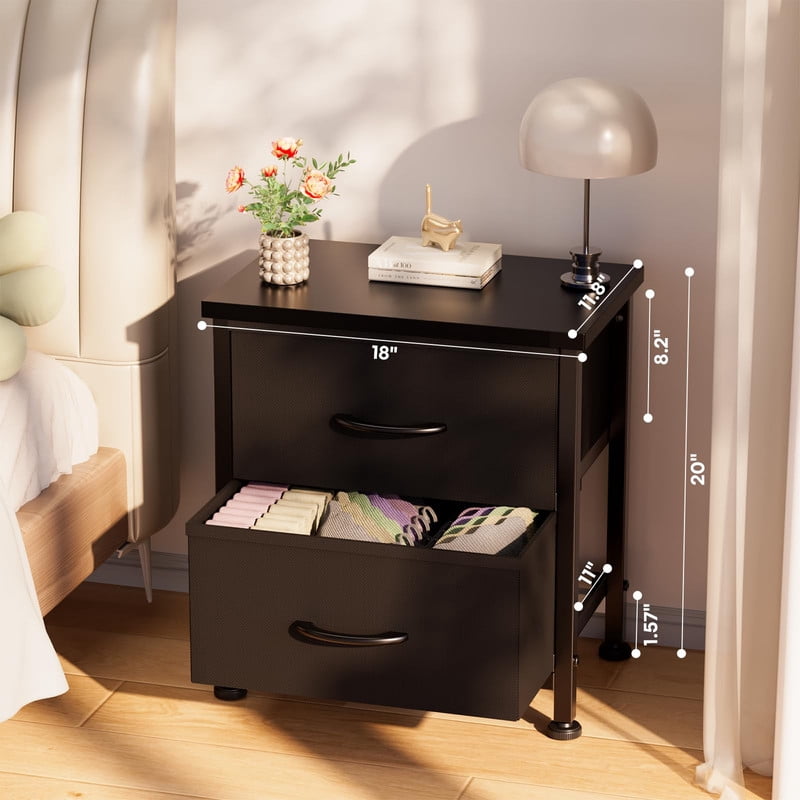 Simple Deluxe Nightstand 2 Drawers Dresser for Bedroom, 3-Tier Bedside Table with Fabric Bins, End Table for Living Room, wood top Load-bearing up to 44 lb, Black