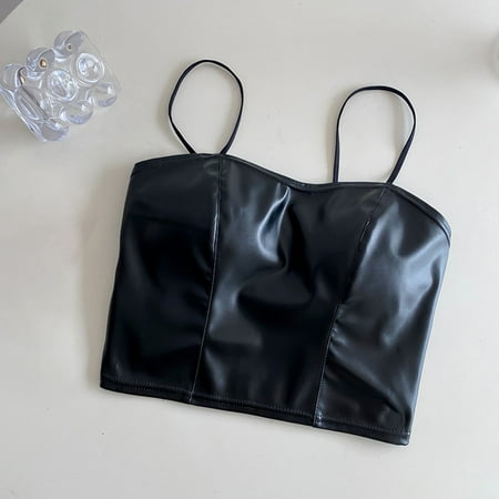 

Women Faux Leather Sleeveless Tank Crop Top with Bra Vest Slim Clubwear